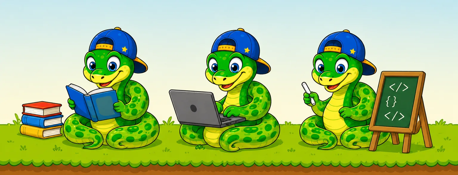 Three Qura Explorers mascots on a grassy hill: one reading a book, one typing on a laptop, one teaching code at a chalkboard.
