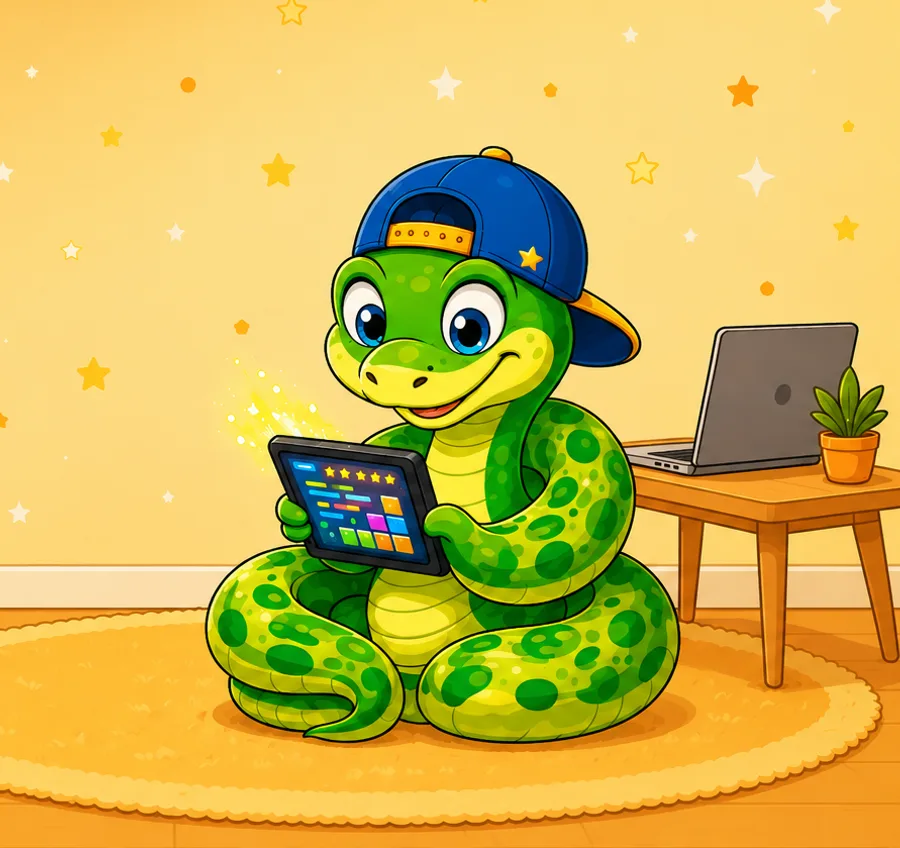 The Qura Explorers mascot, a green python in a backwards cap, coding on a tablet.